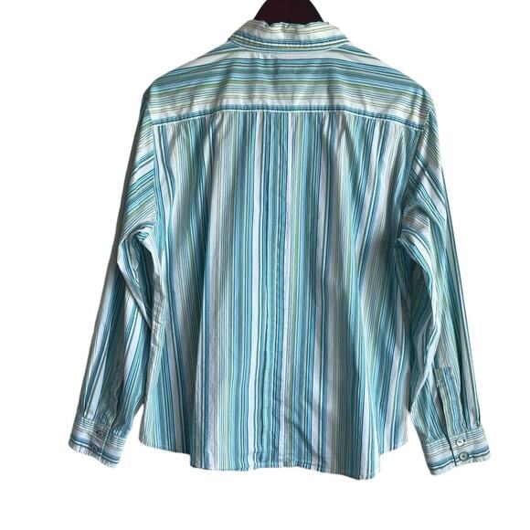 Chicos Women Cotton Top XL Green Blue Striped Button Up‎ Basics Workwear Preppy - Picture 3 of 8